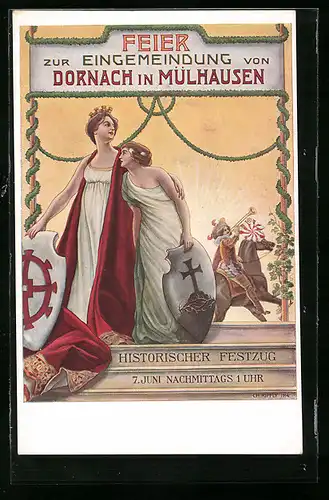 AK Dornach-Mülhausen, Feier zur Eingemeindung, Historischer Festzug am 7. Juni, Frauen mit Schildern