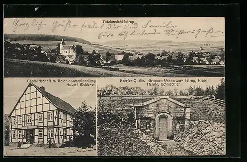 AK Istrup, Gasthaus-Kolonialwaren H. Böddecker, Koerfer-Quelle, Totalansicht