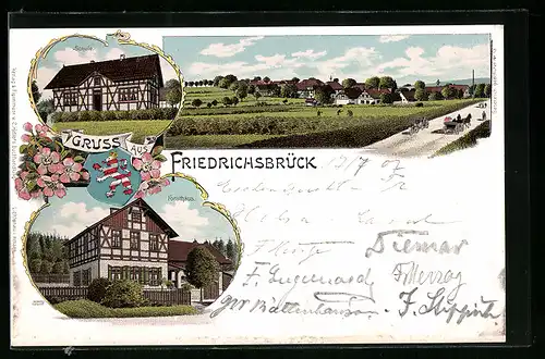 Lithographie Friedrichsbrück, Forshaus, Schule und Ortspanorama, Wappen