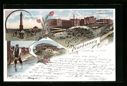 Lithographie Norderney, Seehospiz Kaiserin Friedrich, Bade-Diener, Dünenhalle Wilhelmshöhe