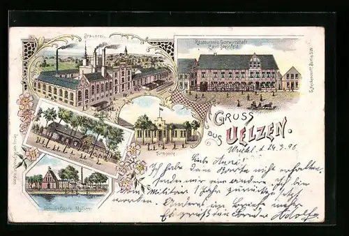 Lithographie Uelzen, Brauerei, Restaurant C. Steinfeld, Turnahlle, Schützenhaus, Molkerei und Gertrudenkapelle