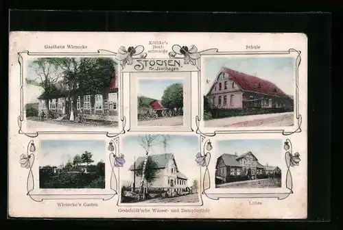 Passepartout-AK Stöcken /Kr. Isenhagen, Köthkes Dorfschmiede, Gasthaus Wienecke mit Garten, Gestefeldtsche Mühle, Lührs