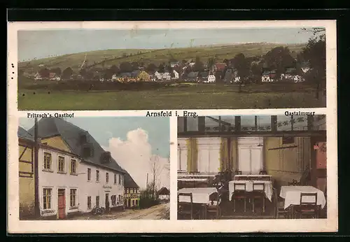 AK Arnsfeld /Erzgeb., Fritzschs Gasthof mit Gastzimmer, Ortspanorama