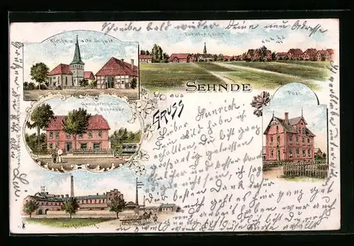 Lithographie Sehnde, Geschäftshaus A. Schrader, Zuckerfabrik, Totalansicht