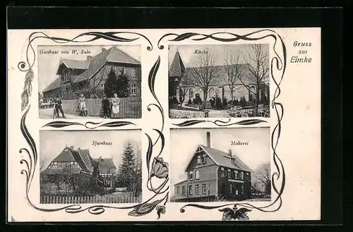 AK Eimke, Gasthaus von W. Buhr, Kirche, Pfarrhaus, Molkerei