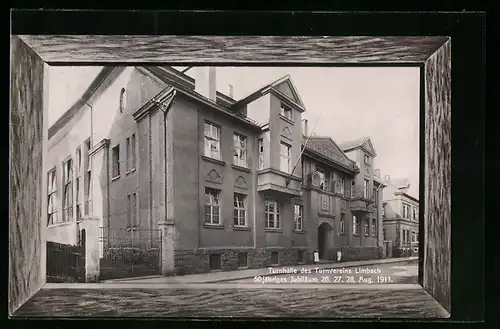 Passepartout-AK Limbach, Turnhalle des Turnvereins mit Strasse, 50jähriges Jubiläum 1911