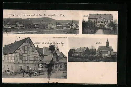 AK Hartmannsdorf bei Frauenstein /Erzgeb., Gasthof mit Pferdefuhrwerk, Schule, Ortspanorama