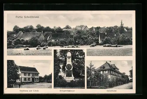 AK Schollbrunn, Gasthaus zur Linde A. Ihrig, Kriegerdenkmal, Ortspanorama
