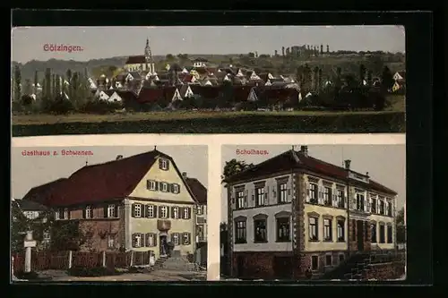 AK Götzingen, Gasthaus zurm Schwanen, Schule, Ortspanorama