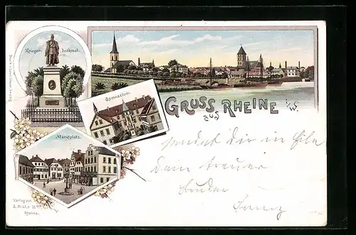 Lithographie Rheine, Gymnasium, Marktplatz, Krieger-Denkmal