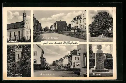 AK Worms-Pfiffigheim, Kirche, Lutherbaum, Ehrenmal