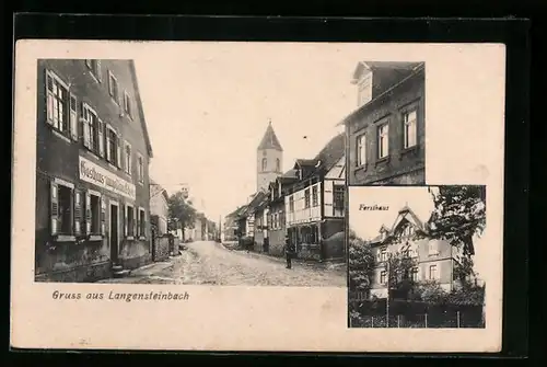 AK Langensteinbach bei Dinkelsbühl, Gasthaus zum goldenen Ochsen mit Strasse und Kirche, Forsthaus