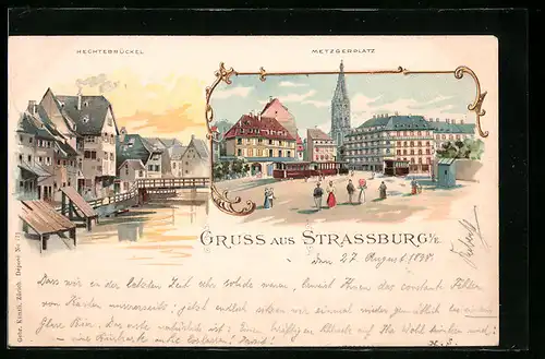 Lithographie Strassburg, Hechtebrückel, Metzgerplatz mit Strassenbahn