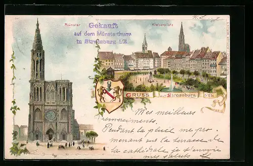 Lithographie Strassburg, Münster und Kleberplatz
