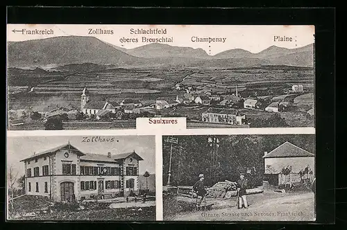 AK Saulxures, Panorama, Zollhaus, Grenze an der Strasse nach Senones