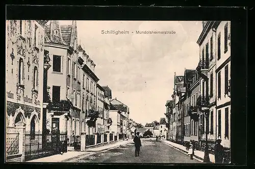 AK Schiltigheim, Mundolsheimerstrasse am Restaurant zur goldenen Kette