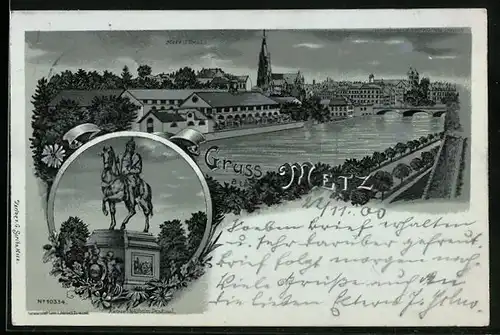 Mondschein-Lithographie Metz, Partie am Fluss, Kaiser Wilhelm-Denkmal