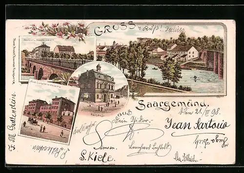 Lithographie Saargemünd, Rathaus, Neue Cavallerie-Kaserne, Postamt und Neubrückenstrasse