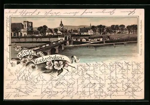Lithographie Diedenhofen, Totalansicht mit Flusspartie und Blick auf die Brücke