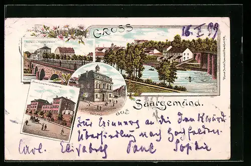 Lithographie Saargemünd, Postamt und Neubrückenstrasse, Teilansicht mit Brücke