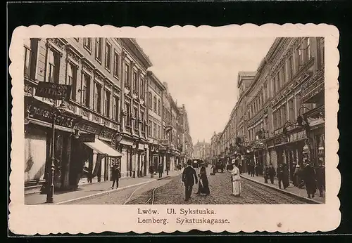 AK Lemberg, Sykstuskagasse mit Passanten und Geschäften