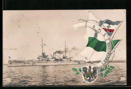 AK Kriegsschiff S. M. S. Rheinland vor der Küste, Rettungsring mit Fahnen und Wappen