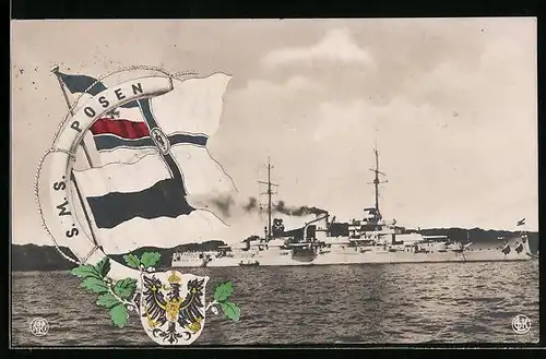 AK Kriegsschiff SMS Posen und Reichskriegsflagge