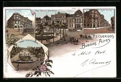 Lithographie Buenos Aires, Casa Rosada-Gobierno, Paseo de Julio-Jardines