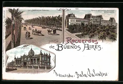 Lithographie Buenos Aires, Los Jardines en Palermo, Pabellon Argentino