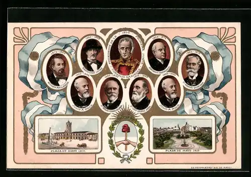 Lithographie Buenos Aires, Plaza de Mayo, Cornelio Saavedra, Bartolomé Mitre