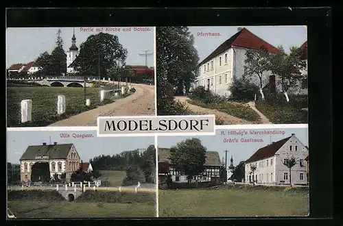 AK Modelsdorf, Villa Quegwer, Warenhandlung Hillwig und Gräns Gasthaus, Ortspartie