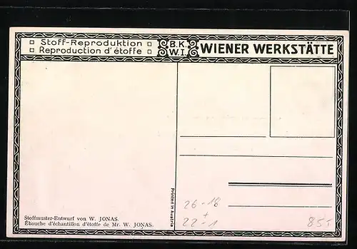 Künstler-AK Wiener Werkstätte, Stoffmuster-Entwurf von W. Jonas mit Neujahrsgruss in hebräischer Schrift