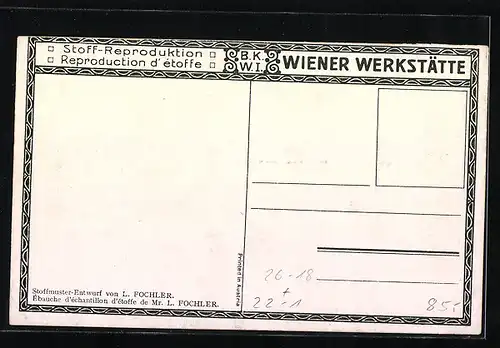 Künstler-AK Wiener Werkstätte Nr.: Stoffmuster-Entwurf von L. Fochler, Neujahrsgruss in hebräischer Schrift