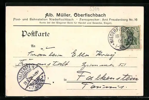 AK Oberfischbach, Alb. Müller, Konto bei der Siegener Bank für Handel und Gewerbe