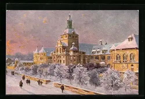 Künstler-AK München, Blick auf das Nationalmuseum im Winter