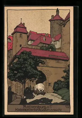 Steindruck-AK Rothenburg o. T., Kobolzellertor, Aussenansicht