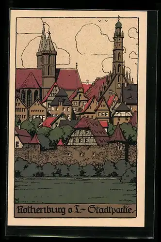Steindruck-AK Rothenburg o. T., Blick auf die Stadt