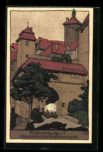 Steindruck-AK Rothenburg o. T., Aussenansicht des Kobolzellertors