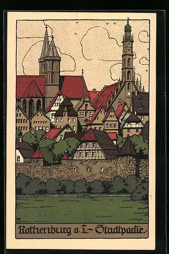 Steindruck-AK Rothenburg o. T., Stadtpartie mit Stadtmauer