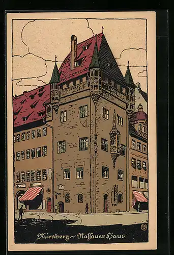 Steindruck-AK Nürnberg, Strassenpartie am Nassauer Haus