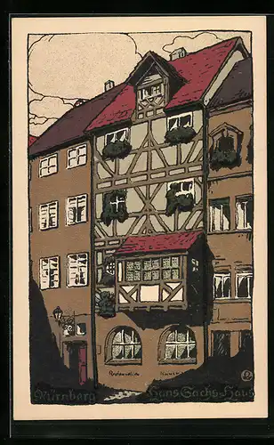 Steindruck-AK Nürnberg, Blick zum Hans-Sachs-Haus
