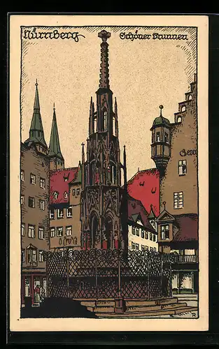 Steindruck-AK Nürnberg, Schöner Brunnen in der Altstadt
