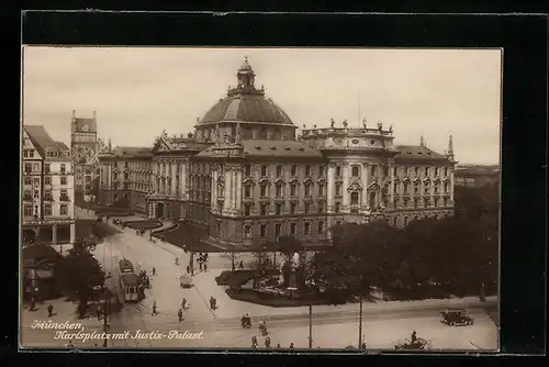 AK München, Karlsplatz mit Justiz-Palast, Strassenbahn