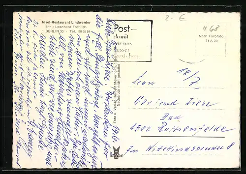 AK Berlin-Lindwerder, Insel-Restaurant Lindwerder L. Fröhlich