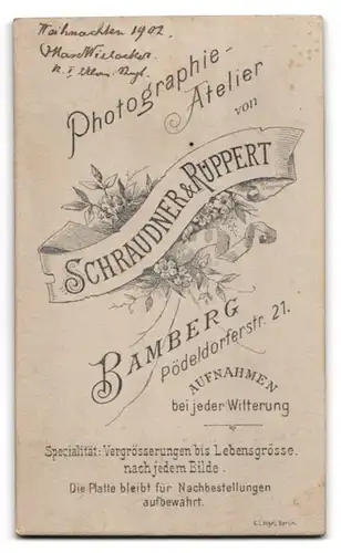 Fotografie Schraudner & Ruppert, Bamberg, Ufz. Wilacker in Uniform königl. I. Ulan. Rgt. mit Epauletten, 1902