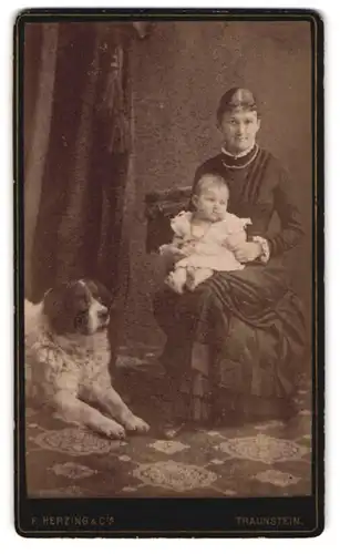 Fotografie F. Herzing & Cie., Traunstein, Mutter mit ihrem Kind und dem Familienhund im Atelier