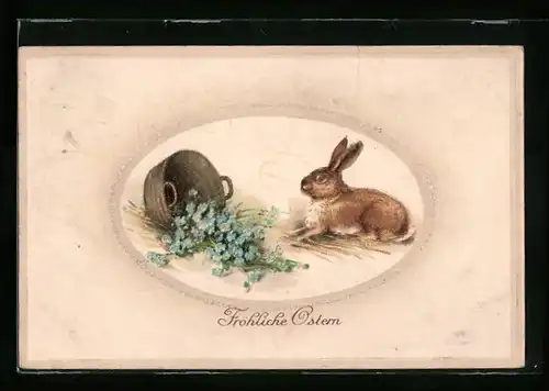 AK Osterhase mit Blumenkorb, Vergissmeinnicht