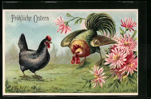 AK Hühner mit Blumen zu Ostern