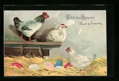 AK Hühner im Stall, Fröhliche Ostern