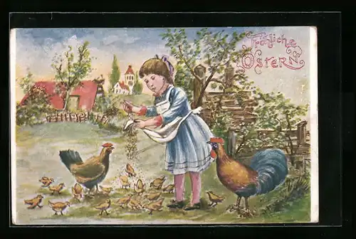 AK Mädchen füttert Osterküken und Hühner